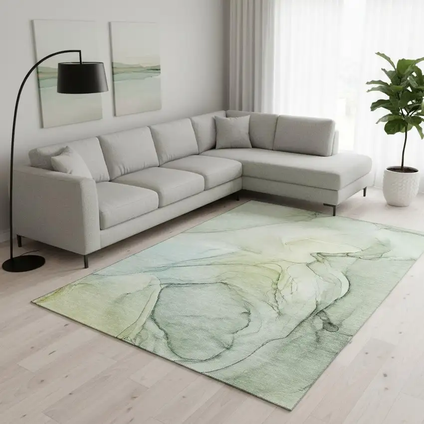 Green And Ivory Abstract Washable Area Rug With UV Protection Photo 1