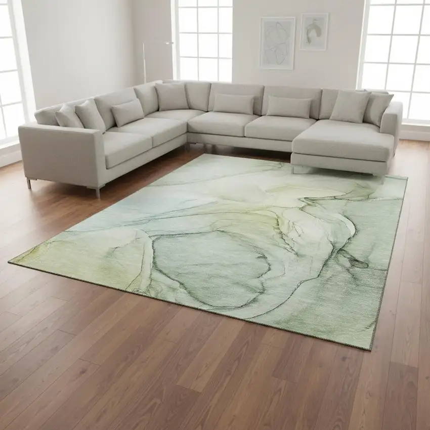 Green And Ivory Abstract Washable Area Rug With UV Protection Photo 1