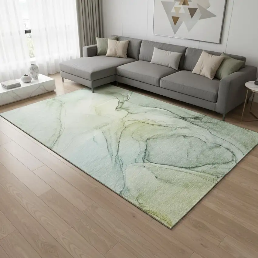 Green And Ivory Abstract Washable Area Rug With UV Protection Photo 1