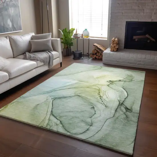 Green And Ivory Abstract Washable Area Rug With UV Protection Photo 7