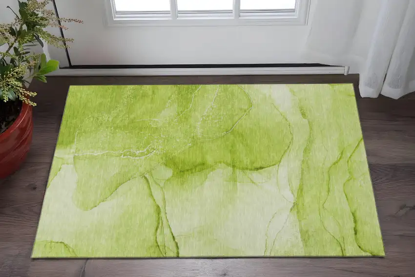 Green And Ivory Abstract Washable Area Rug With UV Protection Photo 2