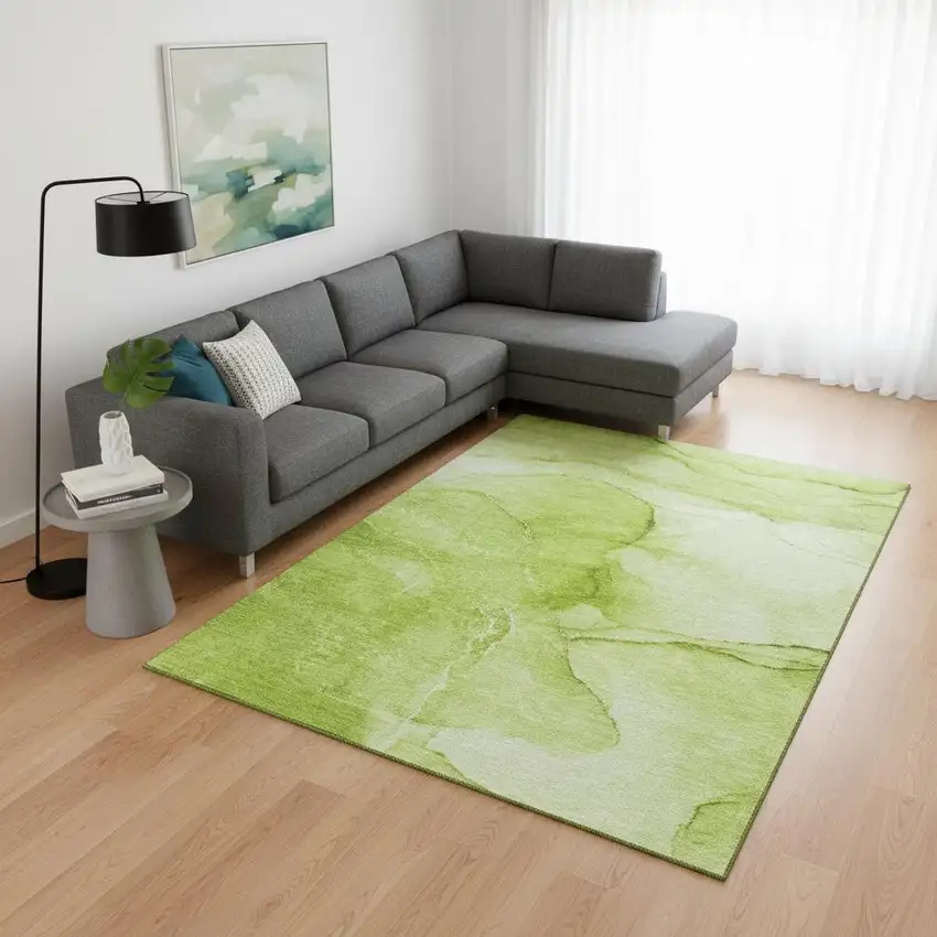 Green And Ivory Abstract Washable Area Rug With UV Protection Photo 2