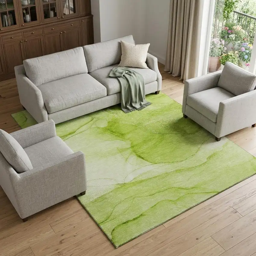 Green And Ivory Abstract Washable Area Rug With UV Protection Photo 1