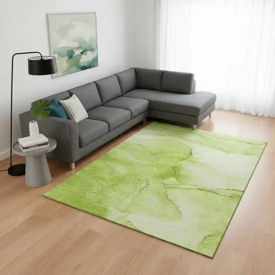 Green And Ivory Abstract Washable Area Rug With UV Protection Photo 2