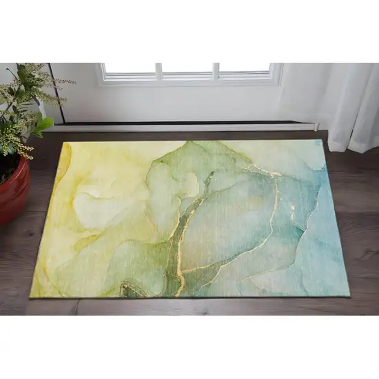 Green And Ivory Abstract Washable Area Rug With UV Protection Photo 2