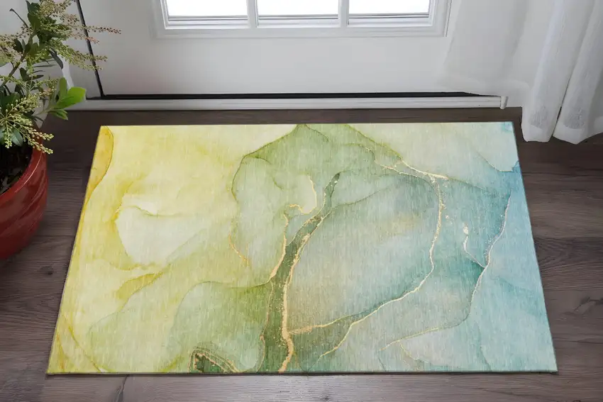Green And Ivory Abstract Washable Area Rug With UV Protection Photo 2