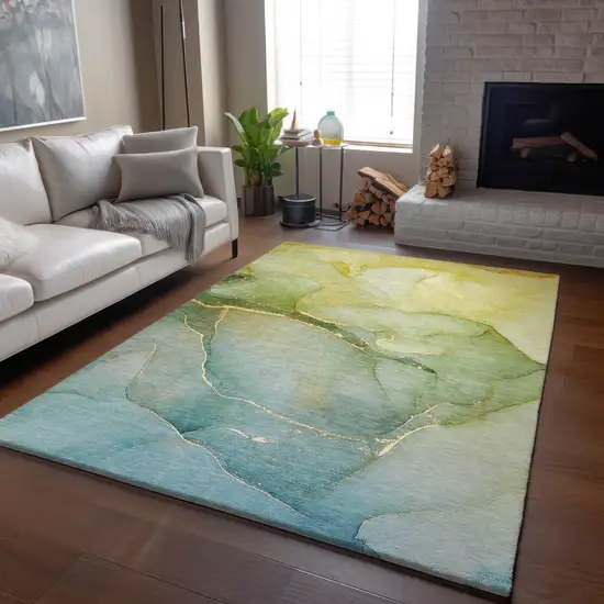 Green And Ivory Abstract Washable Area Rug With UV Protection Photo 6