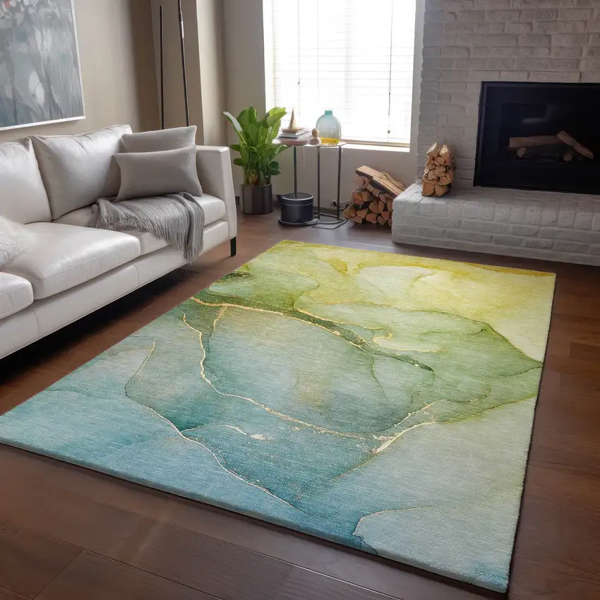Green And Ivory Abstract Washable Area Rug With UV Protection Photo 8