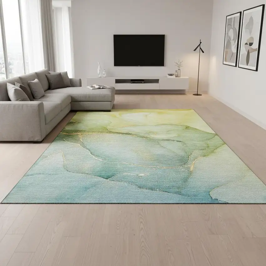 Green And Ivory Abstract Washable Area Rug With UV Protection Photo 3