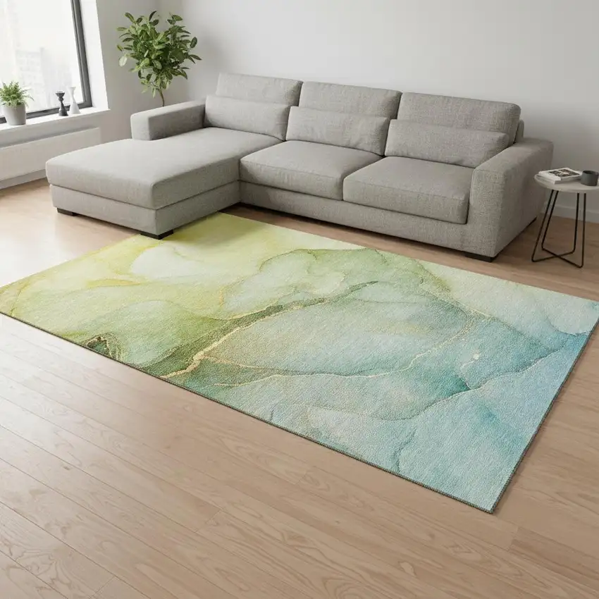 Green And Ivory Abstract Washable Area Rug With UV Protection Photo 1