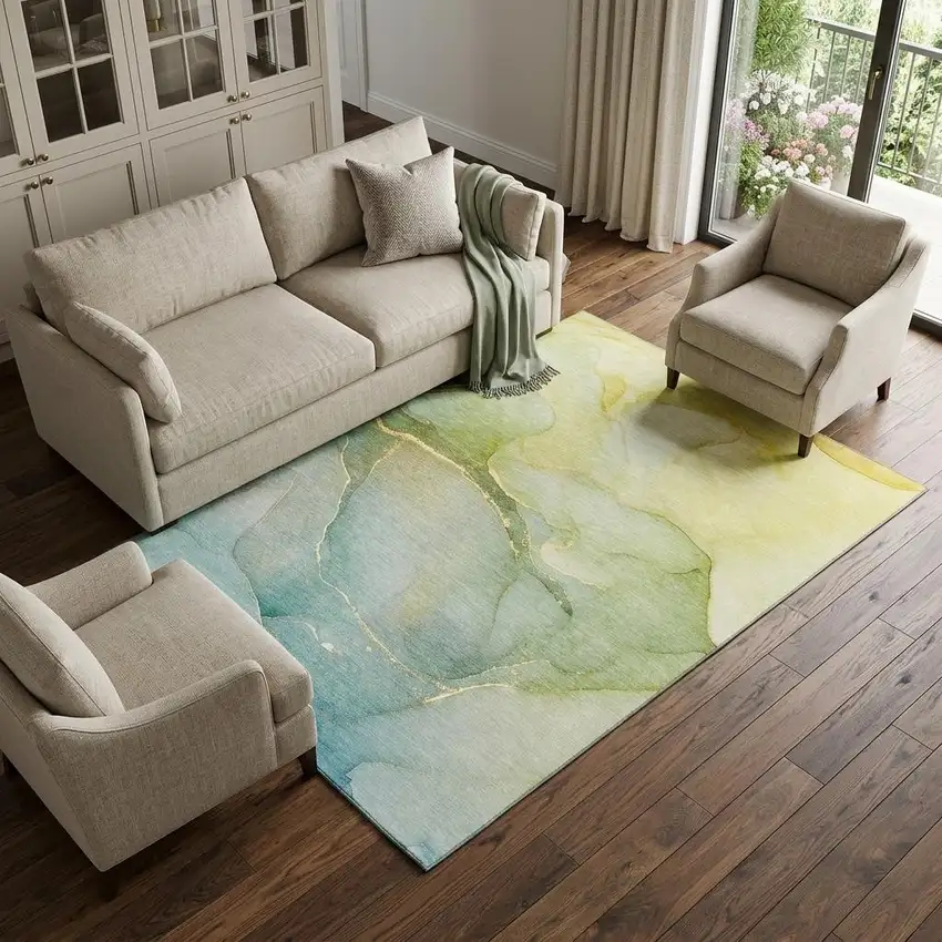 Green And Ivory Abstract Washable Area Rug With UV Protection Photo 1