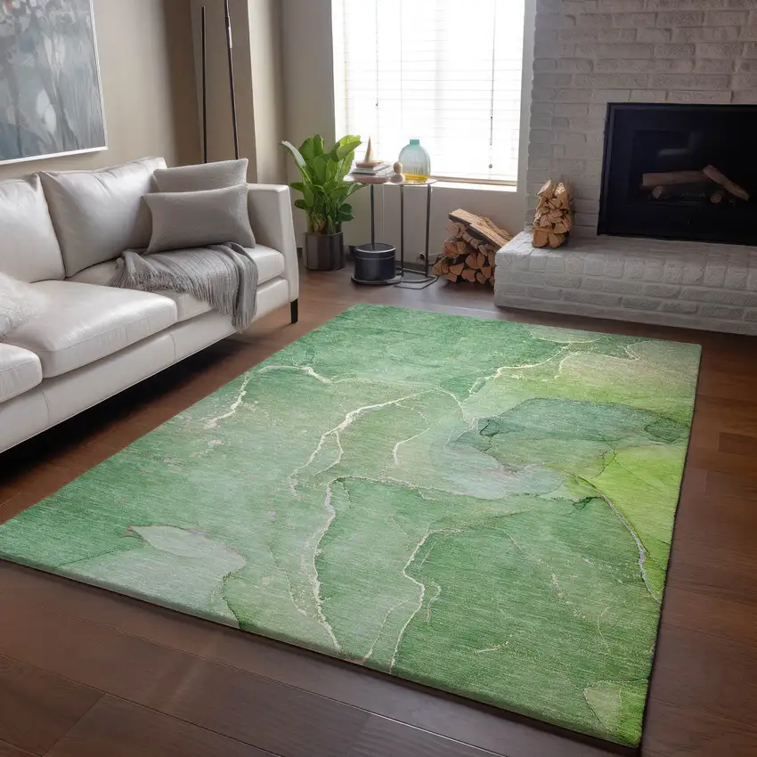 Green And Ivory Abstract Washable Area Rug With UV Protection Photo 6