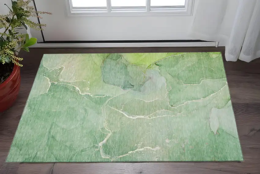 Green And Ivory Abstract Washable Area Rug With UV Protection Photo 2
