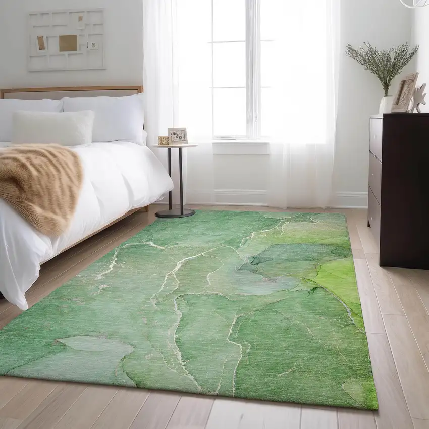 Green And Ivory Abstract Washable Area Rug With UV Protection Photo 5