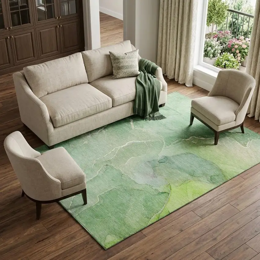Green And Ivory Abstract Washable Area Rug With UV Protection Photo 1