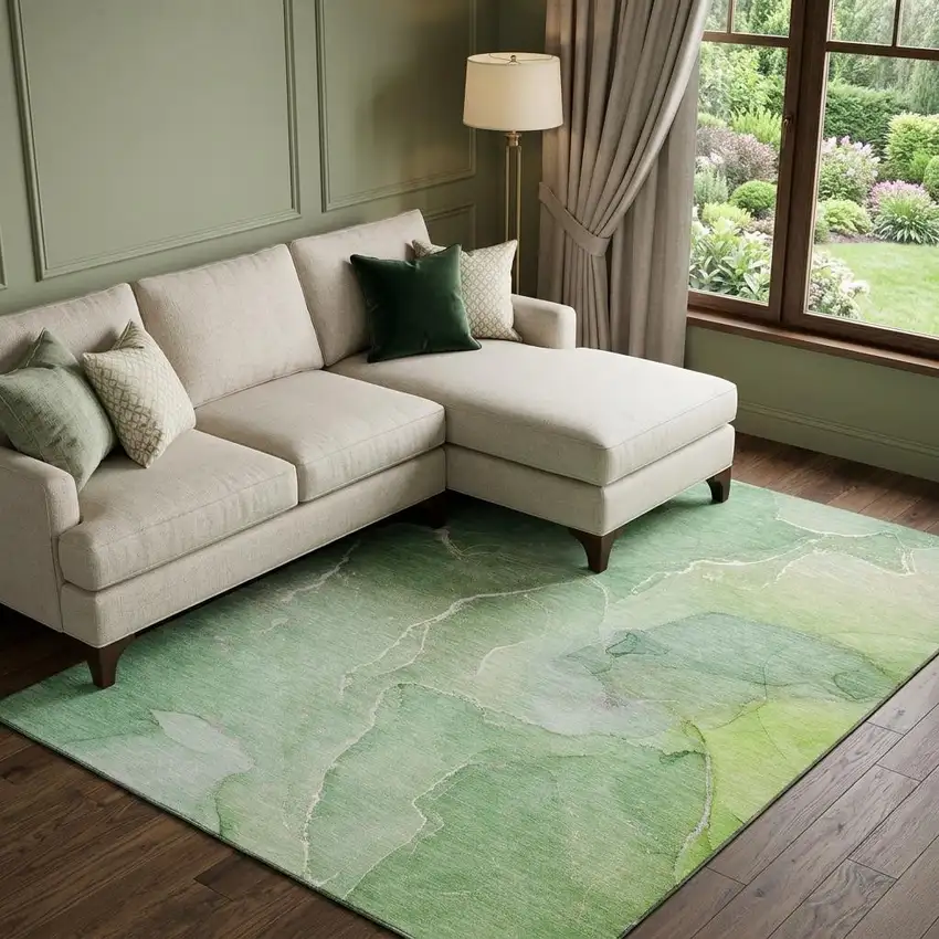 Green And Ivory Abstract Washable Area Rug With UV Protection Photo 1