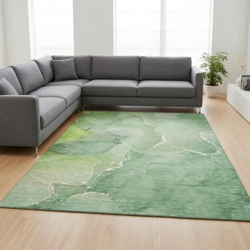 Green And Ivory Abstract Washable Area Rug With UV Protection Photo 1