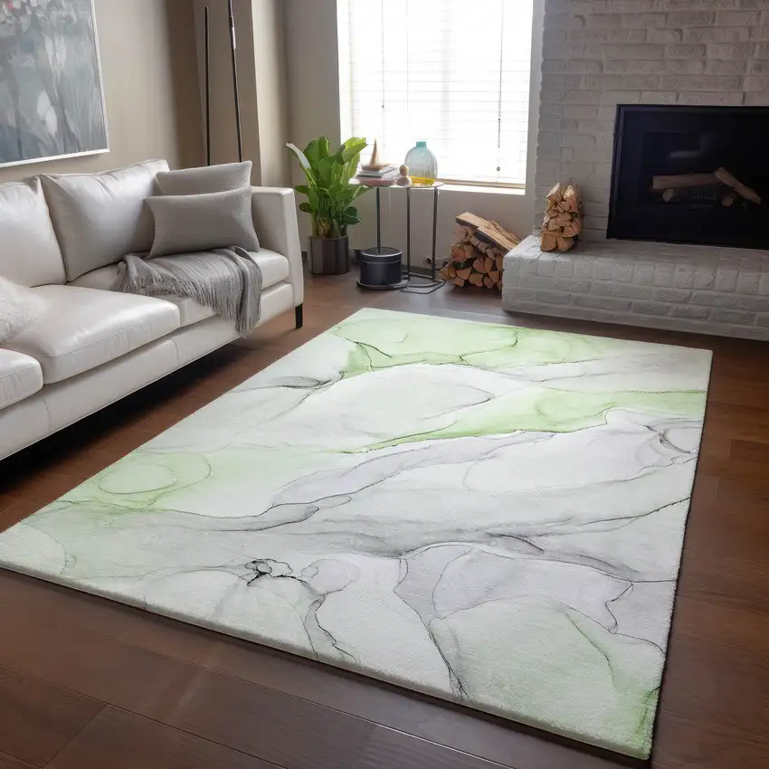 Green And Ivory Abstract Washable Area Rug With UV Protection Photo 7