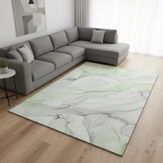 Green And Ivory Abstract Washable Area Rug With UV Protection Photo 2