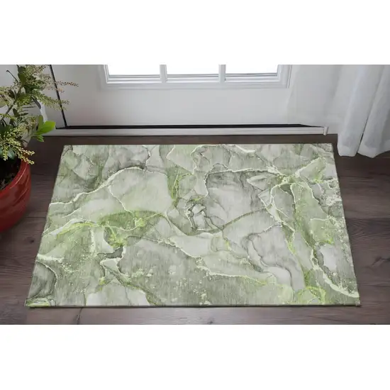 Green And Ivory Abstract Washable Area Rug With UV Protection Photo 2