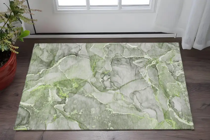Green And Ivory Abstract Washable Area Rug With UV Protection Photo 2