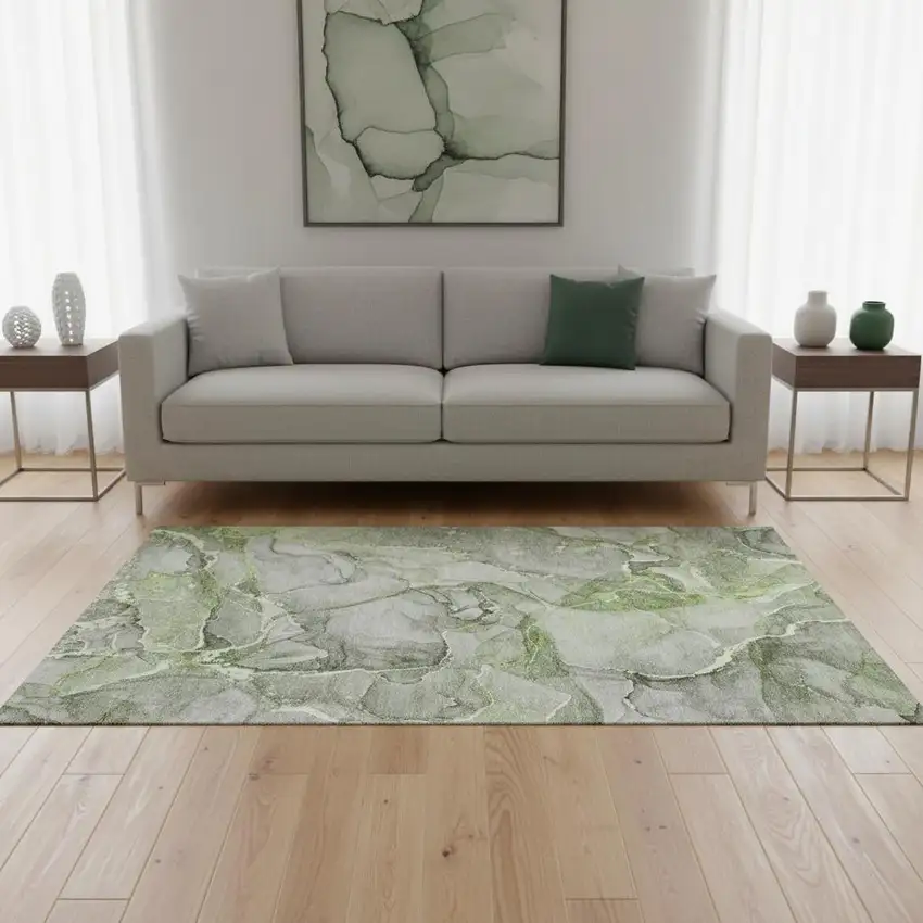 Green And Ivory Abstract Washable Area Rug With UV Protection Photo 1