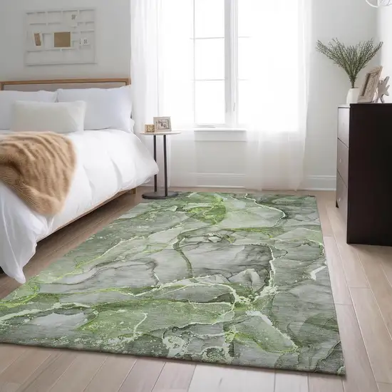Green And Ivory Abstract Washable Area Rug With UV Protection Photo 5