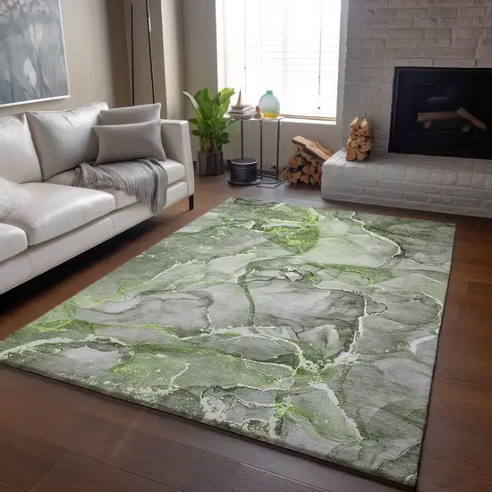 Green And Ivory Abstract Washable Area Rug With UV Protection Photo 6