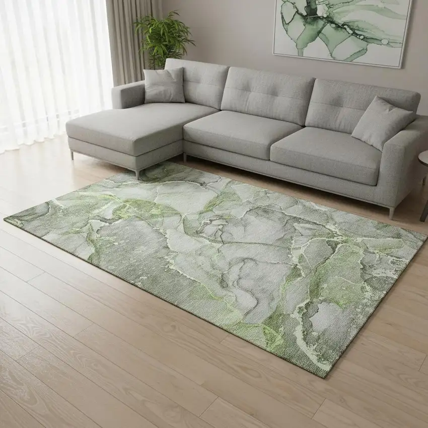 Green And Ivory Abstract Washable Area Rug With UV Protection Photo 1