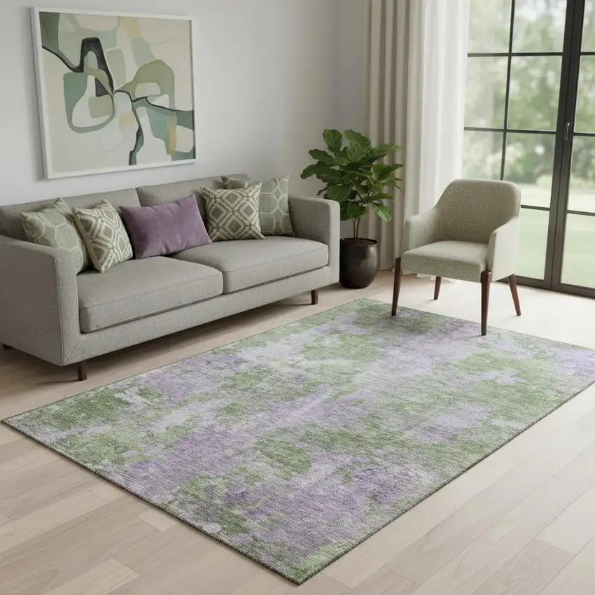 Green And Ivory Abstract Washable Area Rug With UV Protection Photo 1