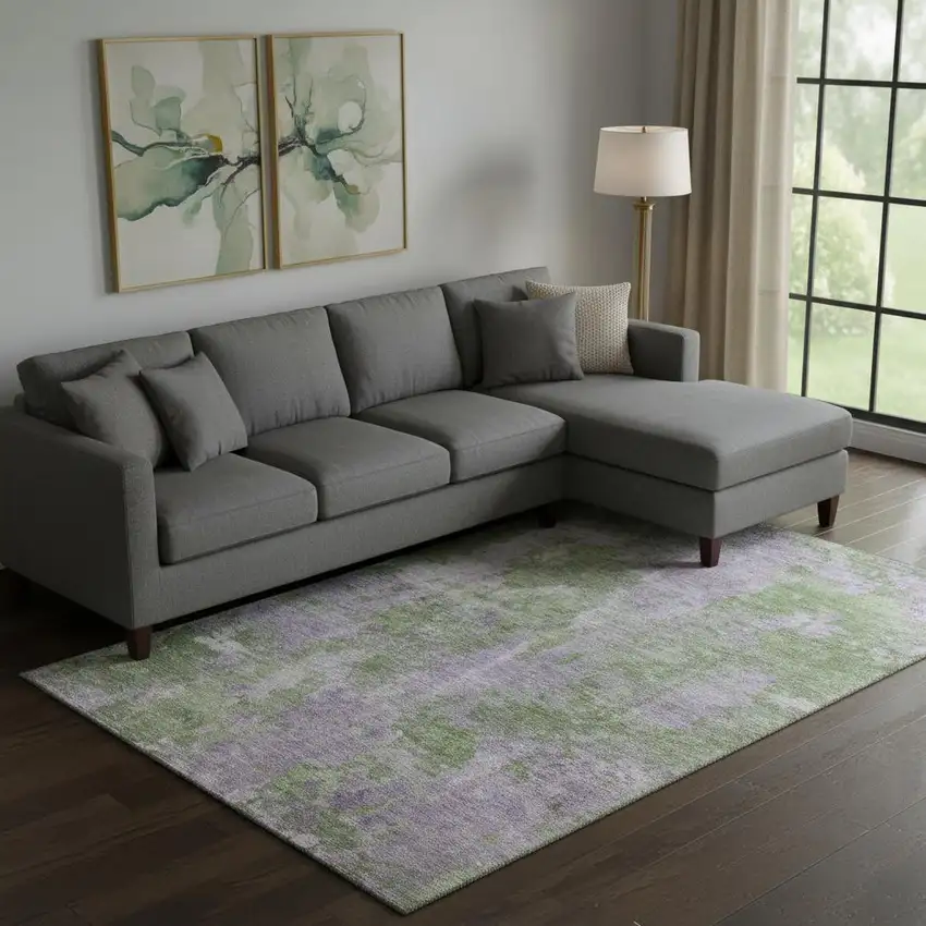 Green And Ivory Abstract Washable Area Rug With UV Protection Photo 1
