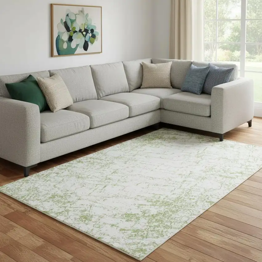 Green And Ivory Abstract Washable Area Rug With UV Protection Photo 2