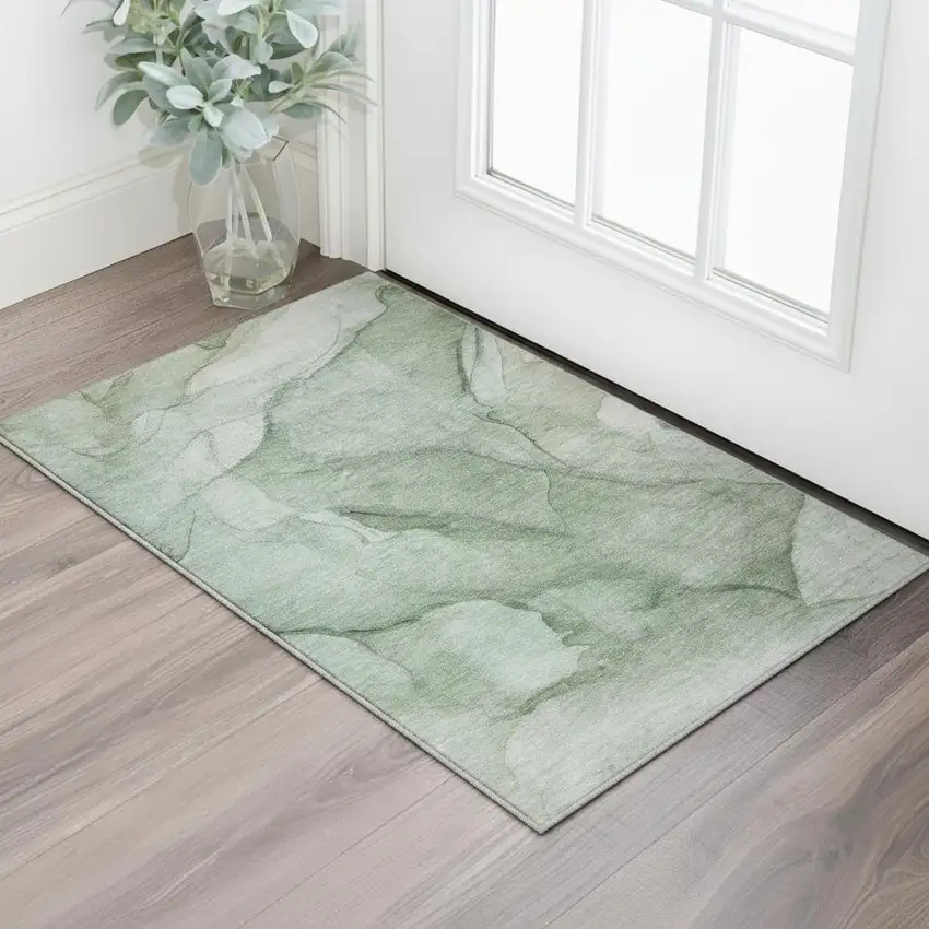 Green And Ivory Abstract Washable Area Rug With UV Protection Photo 2