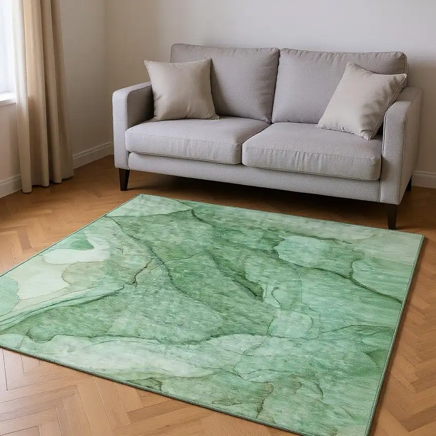 Green And Ivory Abstract Washable Area Rug With UV Protection Photo 2
