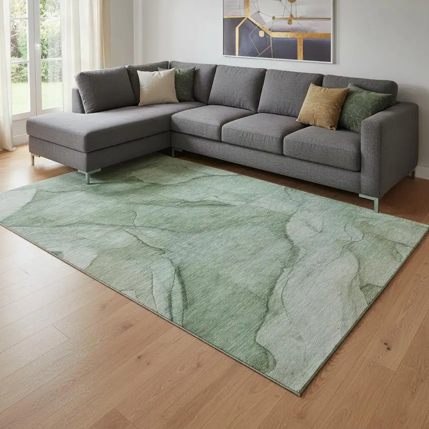 Green And Ivory Abstract Washable Area Rug With UV Protection Photo 1