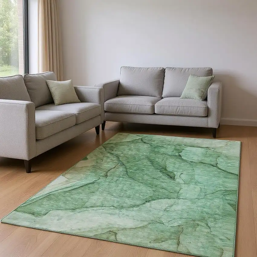 Green And Ivory Abstract Washable Area Rug With UV Protection Photo 2