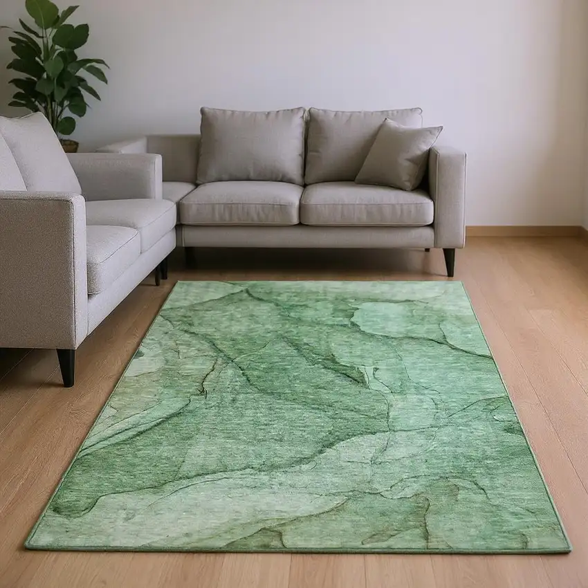 Green And Ivory Abstract Washable Area Rug With UV Protection Photo 2