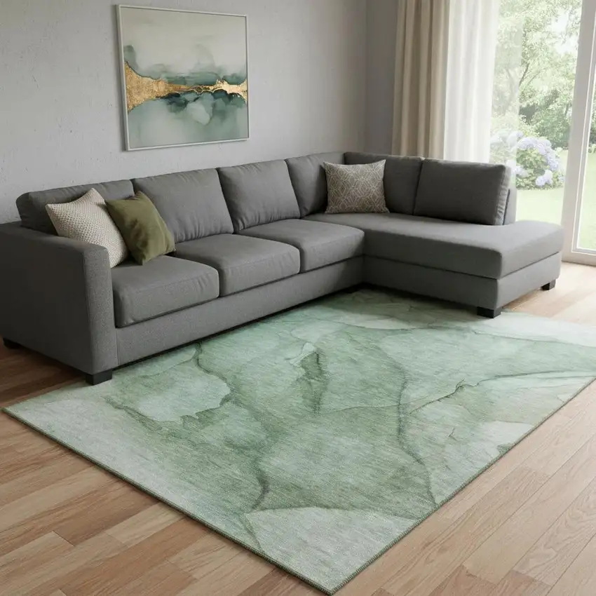 Green And Ivory Abstract Washable Area Rug With UV Protection Photo 1