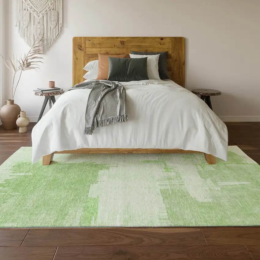 Green And Ivory Abstract Washable Area Rug With UV Protection Photo 5