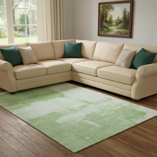 Green And Ivory Abstract Washable Area Rug With UV Protection Photo 3