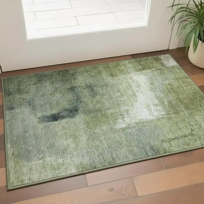 Green And Ivory Abstract Washable Area Rug With UV Protection Photo 2