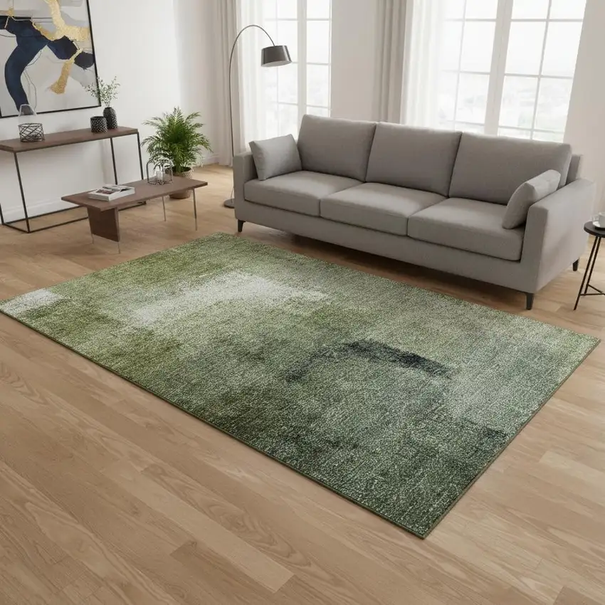 Green And Ivory Abstract Washable Area Rug With UV Protection Photo 2