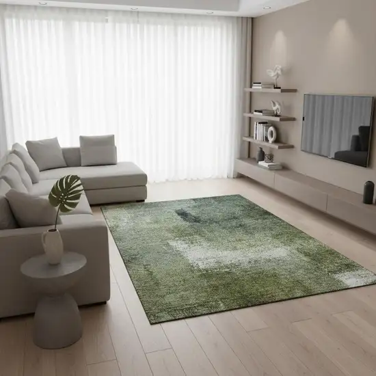 Green And Ivory Abstract Washable Area Rug With UV Protection Photo 2