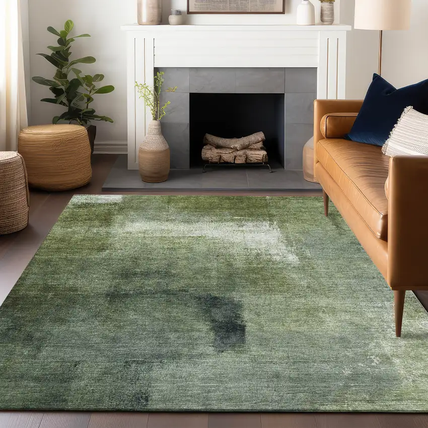 Green And Ivory Abstract Washable Area Rug With UV Protection Photo 6