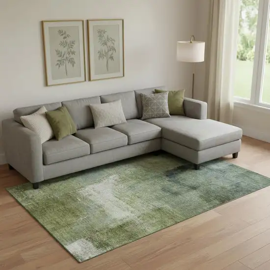 Green And Ivory Abstract Washable Area Rug With UV Protection Photo 1