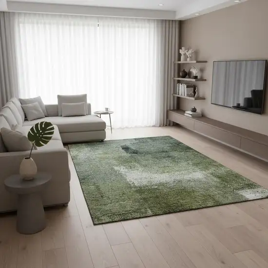 Green And Ivory Abstract Washable Area Rug With UV Protection Photo 2