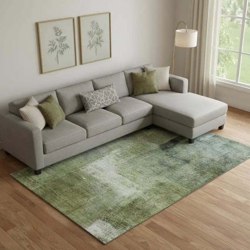 Green And Ivory Abstract Washable Area Rug With UV Protection Photo 1