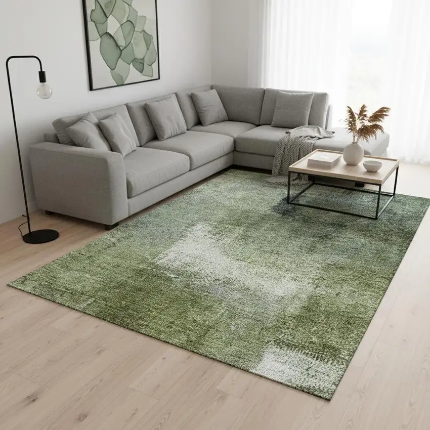 Green And Ivory Abstract Washable Area Rug With UV Protection Photo 2