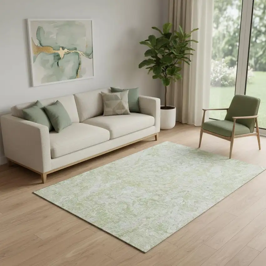 Green And Ivory Abstract Washable Area Rug With UV Protection Photo 1