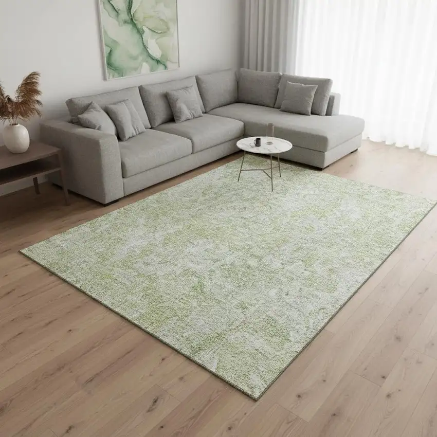 Green And Ivory Abstract Washable Area Rug With UV Protection Photo 2